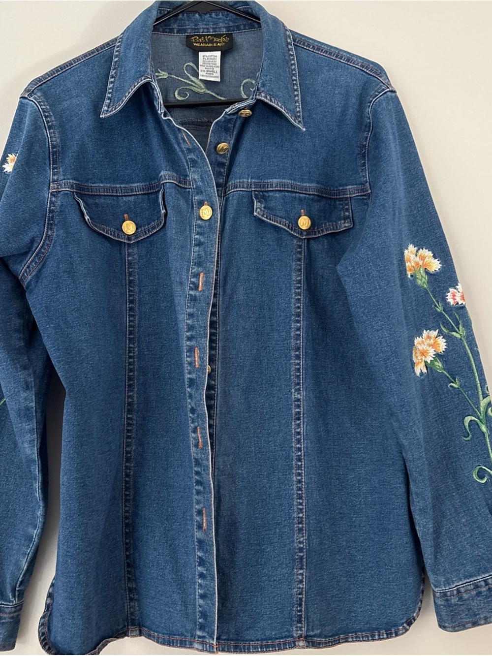 Bob Mackie Blue Denim Jacket with Floral Sleeve Embroidery